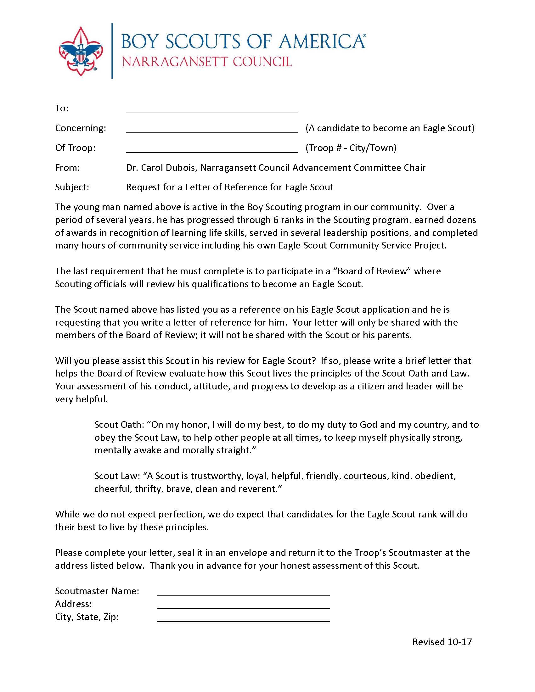 eagle scout advancement information bsa eagle scout letter of recommendation form